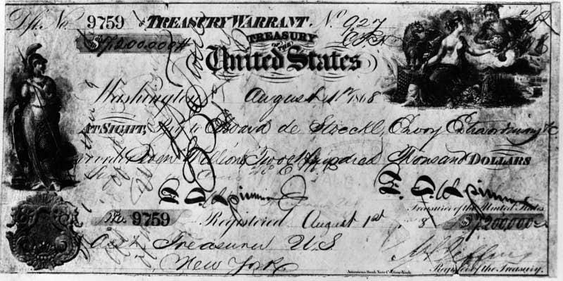 The $7.2 million check issued by the U.S. to Russia on August 1, 1868, for the purchase of Alaska. The $7.2 million check issued by the U.S. to Russia on August 1, 1868, for the purchase of Alaska.