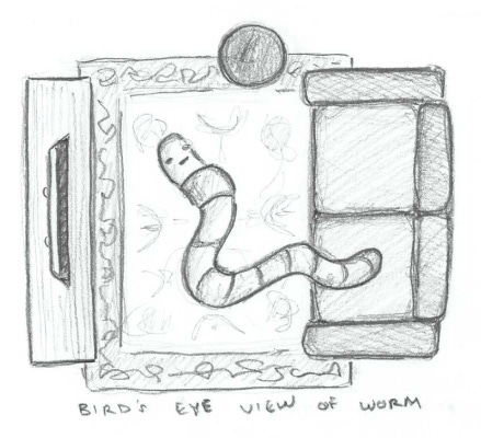 drawing of worm on living room floor.