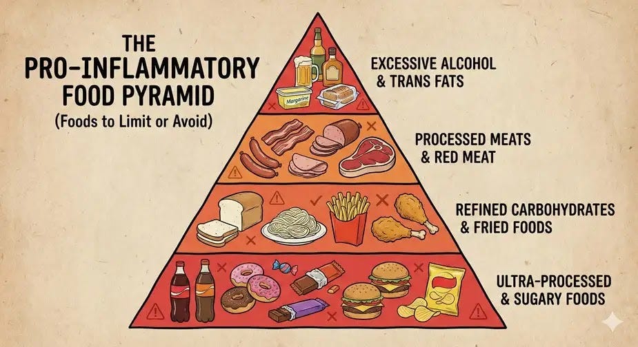 The Inflammatory Foods To Avoid An educational infographic titled "The Pro-Inflammatory Food Pyramid (Foods to Limit or Avoid)" on a textured, neutral background. The pyramid is organized into four distinct tiers using warm warning colors. The large base tier highlights "Ultra-Processed & Sugary Foods," featuring illustrations of soda, donuts, candy bars, burgers, and chips. The second tier focuses on "Refined Carbohydrates & Fried Foods," showing white bread, pasta, French fries, and fried chicken. The third tier includes "Processed Meats & Red Meat" such as sausages, bacon, deli meats, and steak. The small top tier indicates "Excessive Alcohol & Trans Fats," represented by beer, liquor, and margarine. Small red warning icons are scattered throughout the tiers.