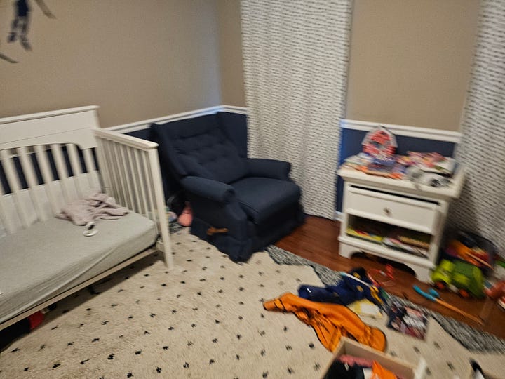 4 pictures that show a nursery with crib and the transition into a full size bed ending with the oldest child playing legos in his new room.
