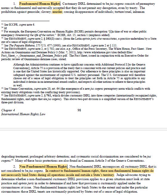 Pages from the 2024 Operational Law Handbook. Text includes sections on customary international human rights law, military action, and the U.S. Department of Defense views on assassination and murder.