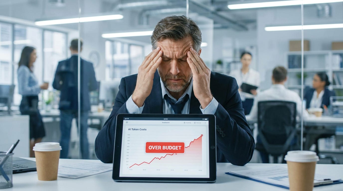 Một nhà quản lý doanh nghiệp trông lo lắng khi nhìn vào màn hình máy tính bảng hiển thị biểu đồ chi phí sử dụng AI đang tăng vọt với cảnh báo "Vượt ngân sách".