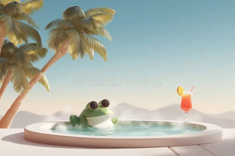 frog in a hot tub relaxing wiht a cocktail