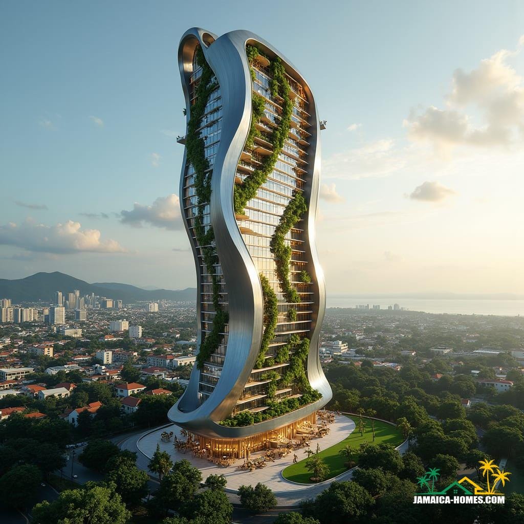 iconic skyscraper for downtown Kingston, Jamaica, that combines sleek, futuristic design with Jamaican cultural motifs.