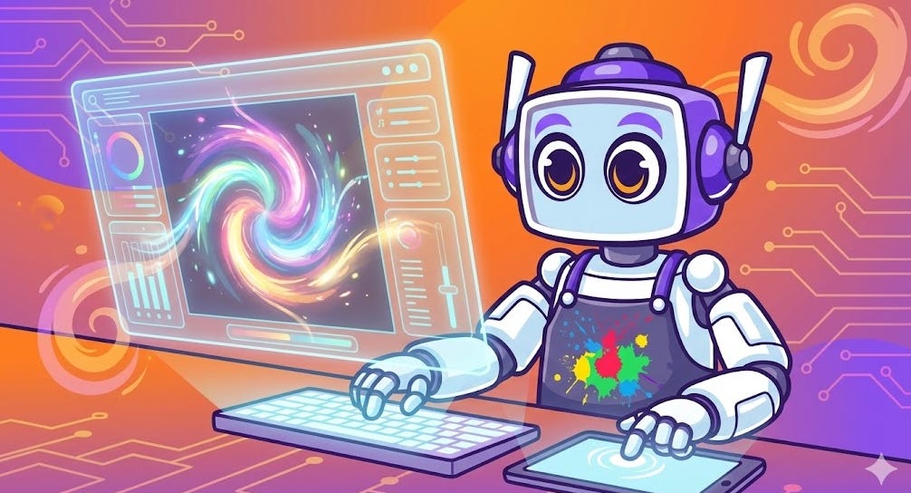 NeuralBuddy robot creating digital art on a holographic computer display showing a colorful swirling galaxy. NeuralBuddy robot creating digital art on a holographic computer display showing a colorful swirling galaxy.