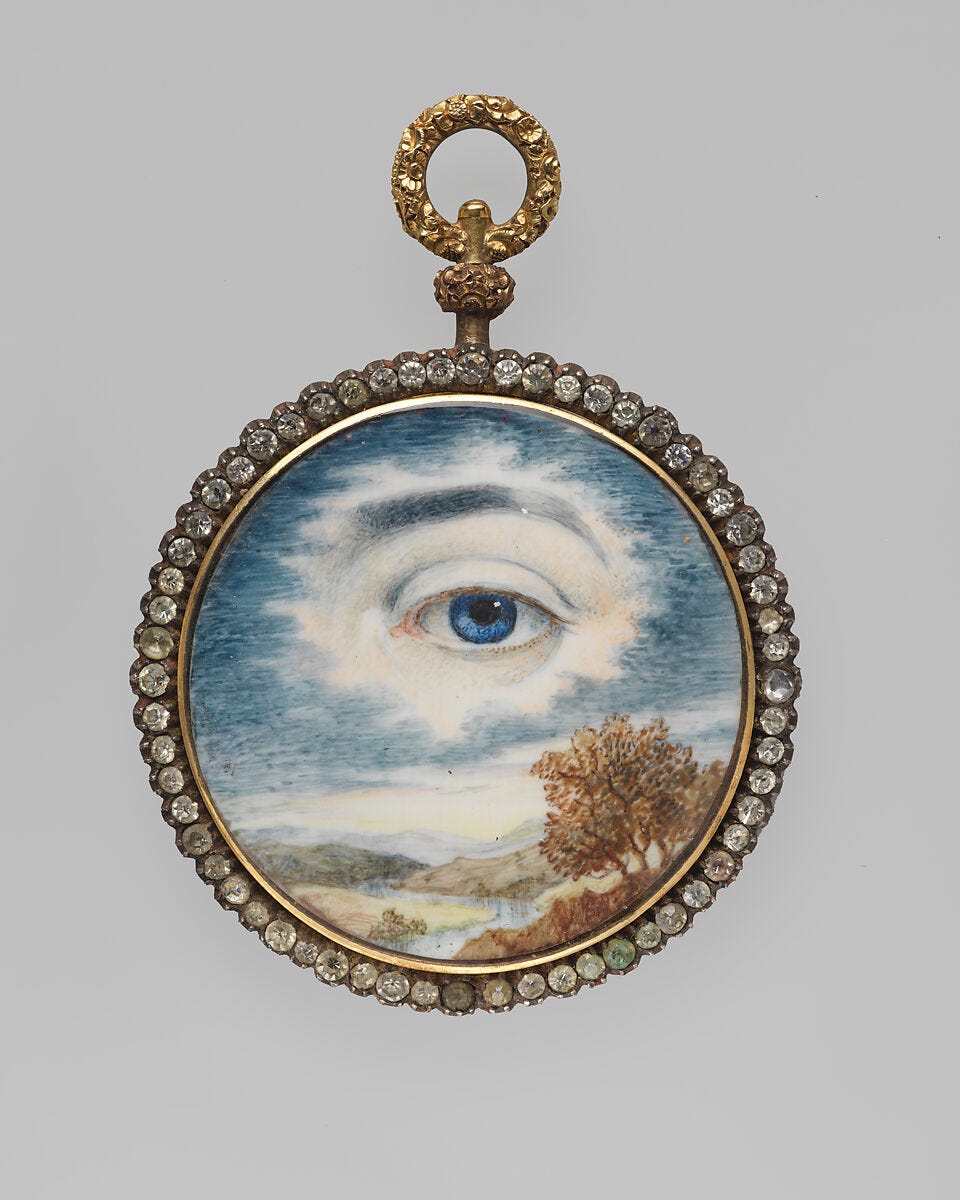 Lover's Eye locket, Watercolor miniature on ivory set in a gold locket with blue enamel, seed pearls, stones, and hair, Probably British Lover's Eye locket, Watercolor miniature on ivory set in a gold locket with blue enamel, seed pearls, stones, and hair, Probably British