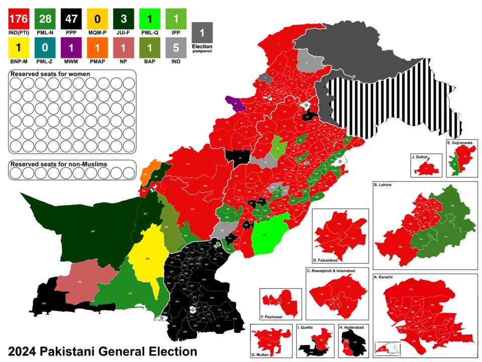 File:Claimed results of the 2024 Pakistani general election as per the Pakistan Tehreek-e-Insaf without alleged rigging, with results from Form 45s.png