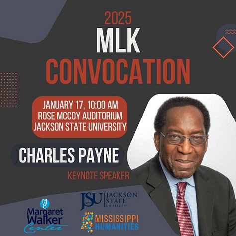 Each graphic has a brown-gray background with blue-gray and some red shapes, for decoration. Each also has text advertising the MLK event, with the same info as the post's body. The first graphic has a close-up headshot of a man, Charles Payne, in suit and tie and glasses against a white background. The second has an image of a man, CJ Rhodes, For My People Award winner, smiling in a blue suit against a background of what looks like a house interior. The third has a close up headshot of a man, Carroll Rhodes, For My People Award winner, smiling in a suit and tie against a grey background.