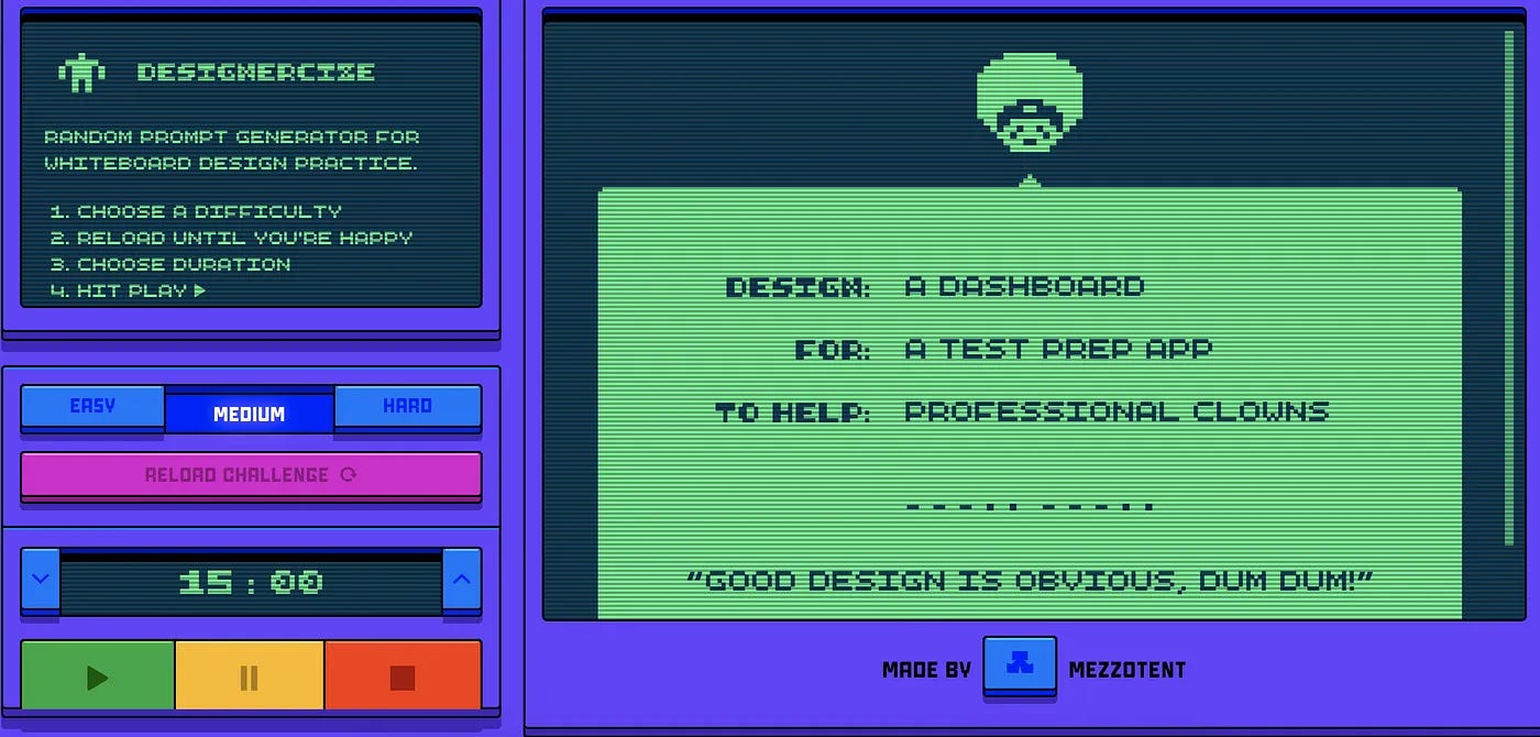 A screenshot of a retro-style game where the user can generate a ux whiteboarding challenge