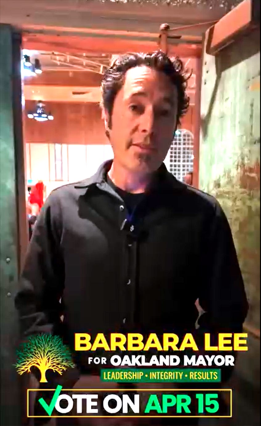 Seth Olyer, president of IAFF Local 55, appearing in a campaign video supporting Barbara Lee’s campaign for Oakland mayor on March 15, 2025. (Image source: Facebook / Barbara Lee)