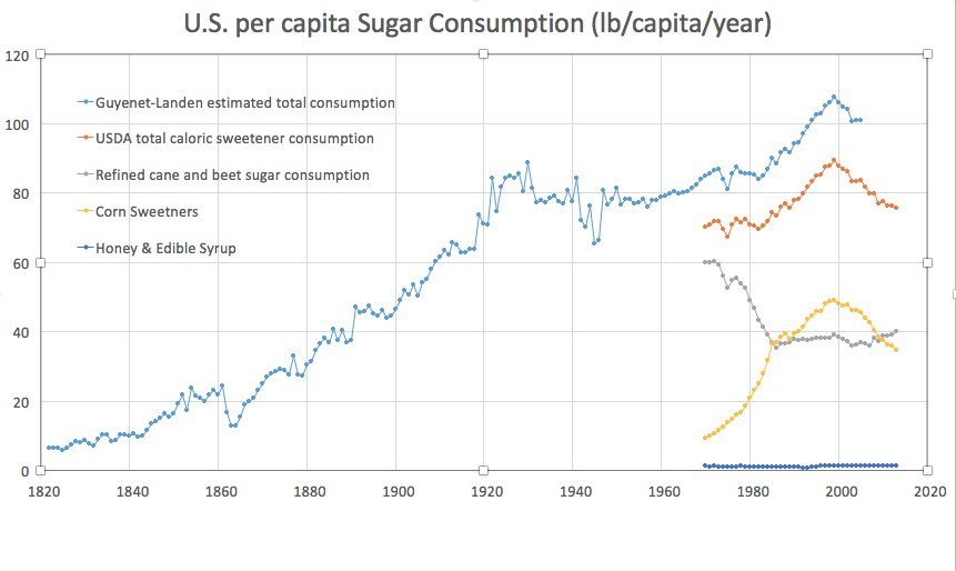 Miles Kimball on X: "Graph of US sugar consumption, 1822-2005  @drpetebrowncdu https://t.co/bDmP2BAAxH" / X