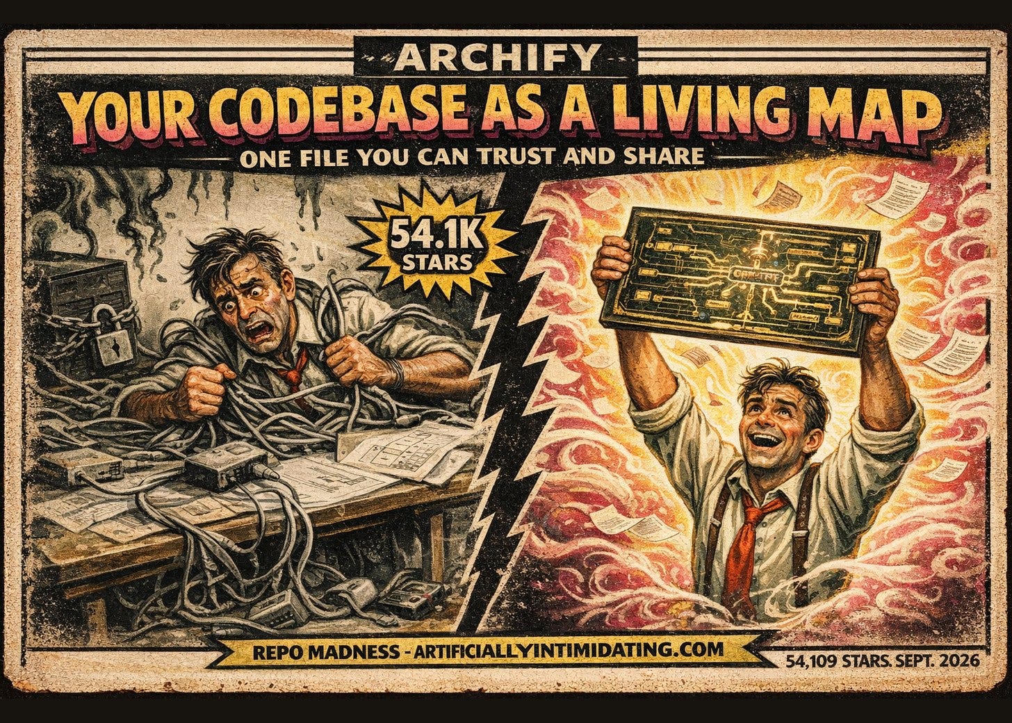 Vintage exploitation-film poster, split into two panels. Left: an architect snarled in tangled cables at a cluttered drafting table beside a padlocked box. Right: the same man holding up a glowing engraved plate showing a clean, ordered system map. Lettering reads ARCHIFY, YOUR CODEBASE AS A LIVING MAP, ONE FILE YOU CAN TRUST AND SHARE.