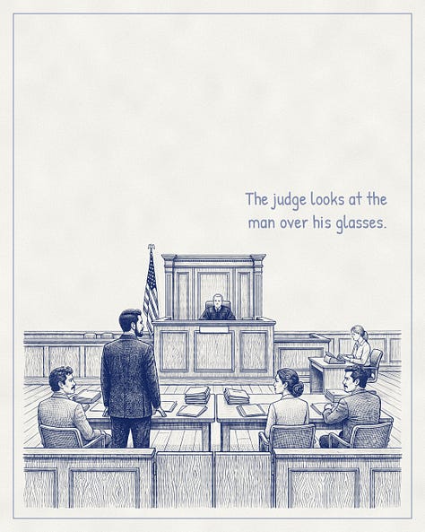 Blue-ink illustrated conversation. A father stands before a judge in a Texas custody hearing.