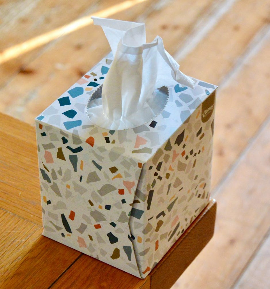 white and blue floral tissue box