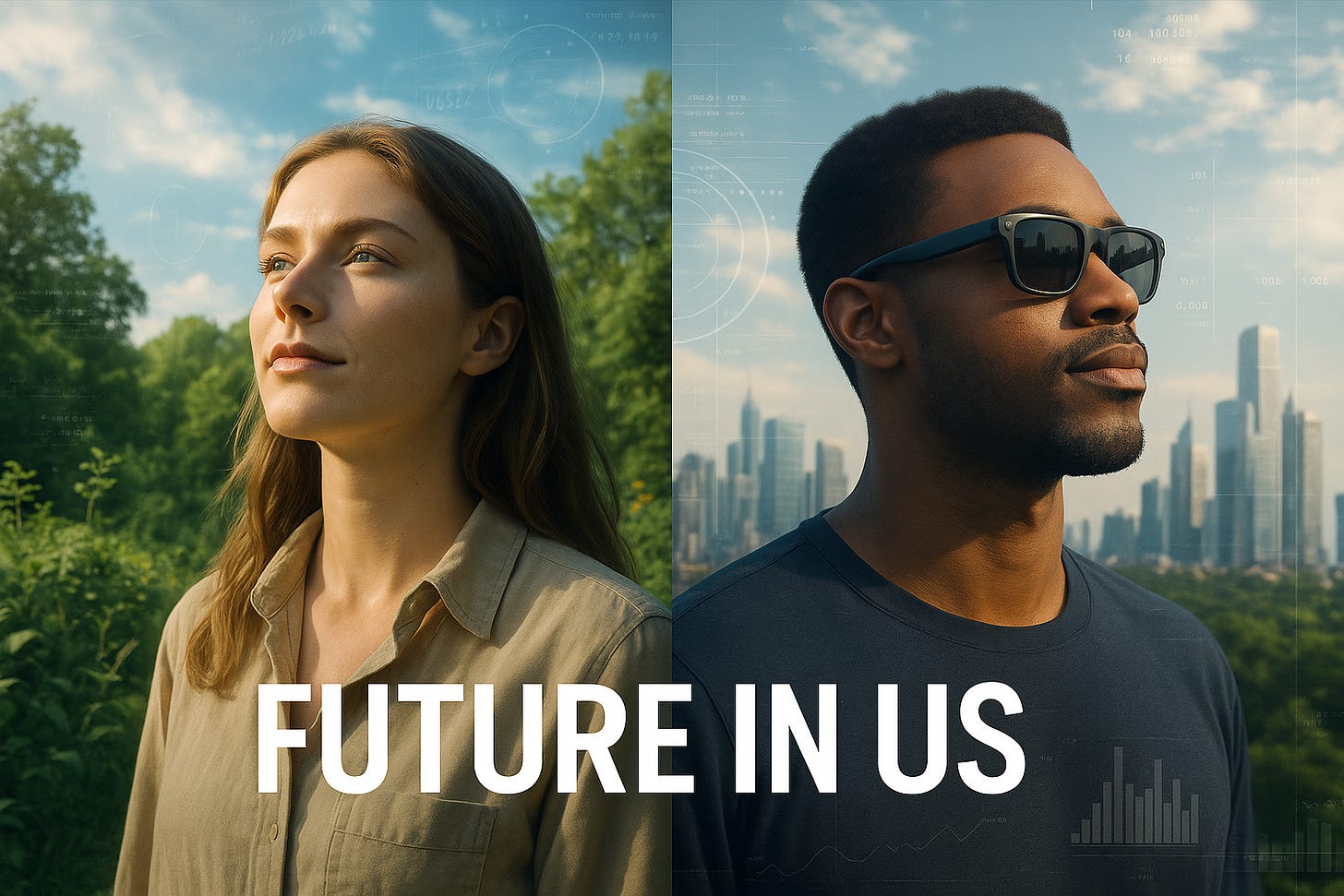 Two individuals stand side by side: on the left, a man wearing smart glasses, surrounded by data and skyscrapers; on the right, a woman in nature, lit by soft sunlight. A visual metaphor for the contrast between technological progress and environmental awareness.