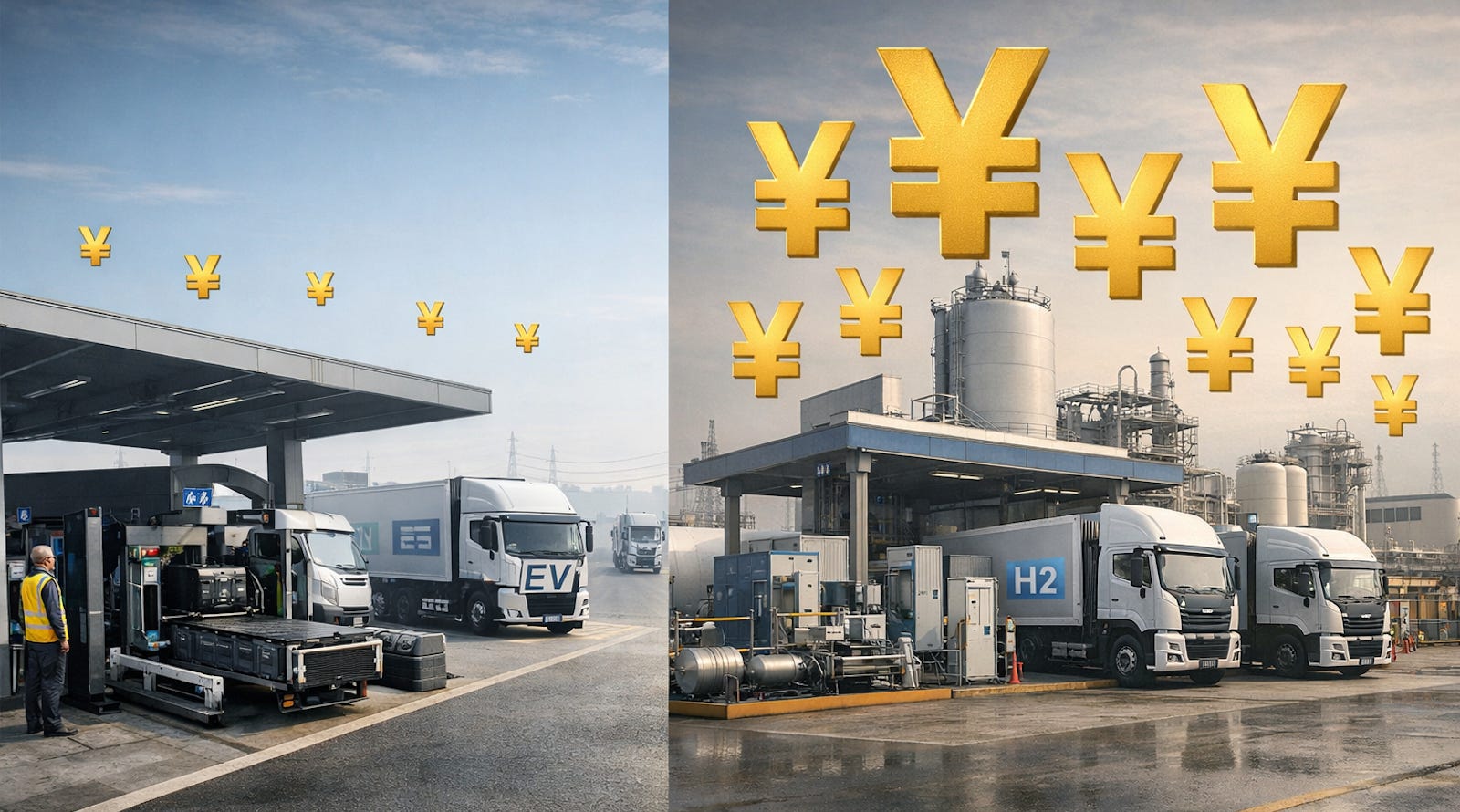 Battery swapping for trucks contrasted with complex hydrogen refueling infrastructure.