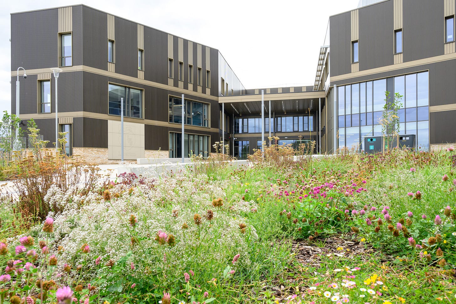 A view of the facade of the Liberton Community Campud building, including planted flower beds in the foreground,