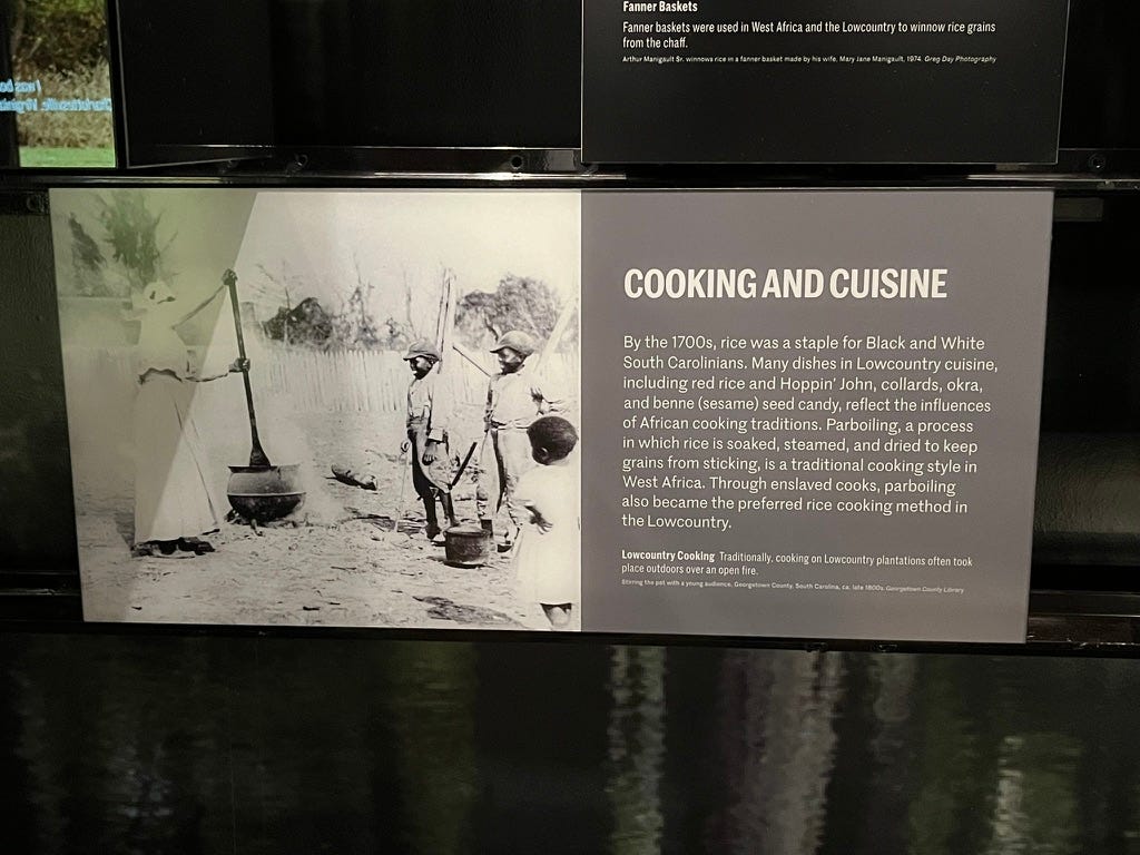 Cooking and Cuisine  By the 1700s, rice was a staple for Black and White South Carolinians. Many dishes in Lowcountry cuisine, including red rice and Hoppin’ John, collards, okra, and benne (sesame) seed candy, reflect the influences of African cooking tradition. Parboiling, a process in which rice is soaked, steamed, and dried to keep grains from sticking, is a traditional cooking style in West Africa. Through enslaved cooks, parboiling also became the preferred rice cooking method in the Lowcountry.