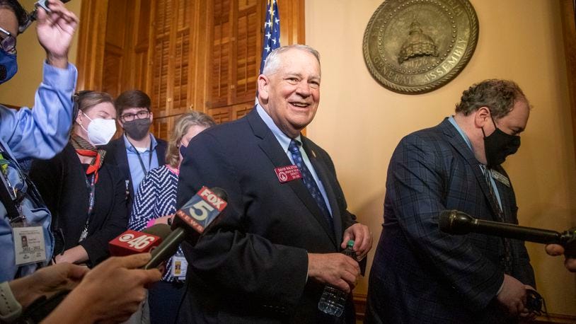 Speaker of the House Rep. David Ralston, R-Blue Ridge, speaks with members of the press following Sine Die, legislative day 40, at the Georgia State Capitol in Atlanta, Wednesday, March 31, 2021. (Alyssa Pointer / Alyssa.Pointer@ajc.com)