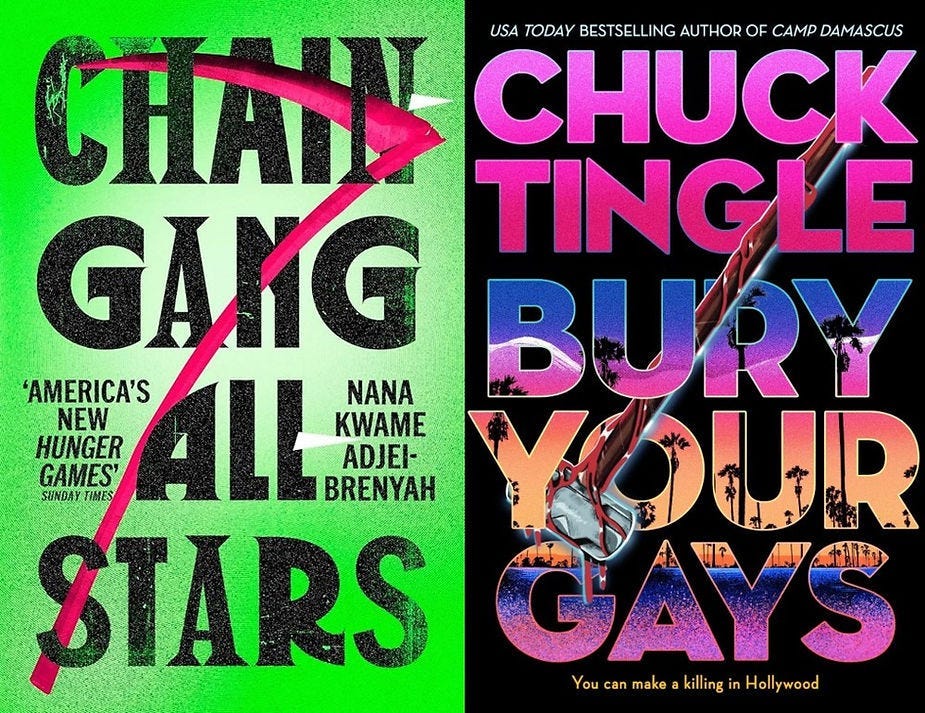 Book covers: “Chain Gang All Stars” on green background with pink arrow, “Bury Your Gays” with sunset text and metal spade on black.