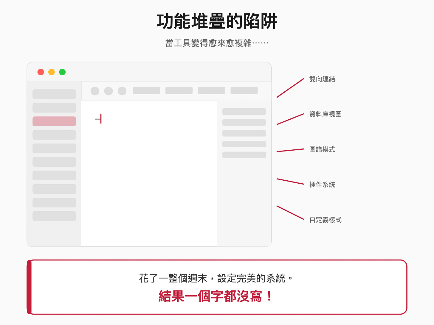 功能堆疊的陷阱:每個工具都想做到最多,卻讓使用者更加迷失 功能堆疊的陷阱:每個工具都想做到最多,卻讓使用者更加迷失
