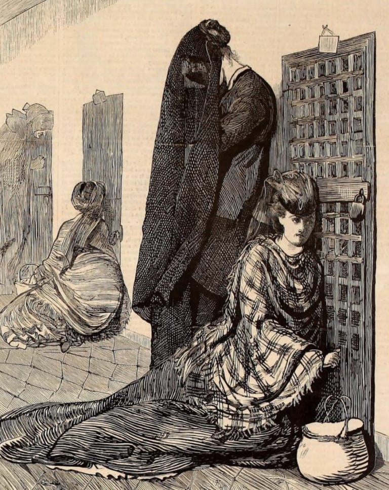 Three women kneel and stand outside barred cells in New York’s Tombs prison; one reaches through the bars while a basket of food rests beside her.