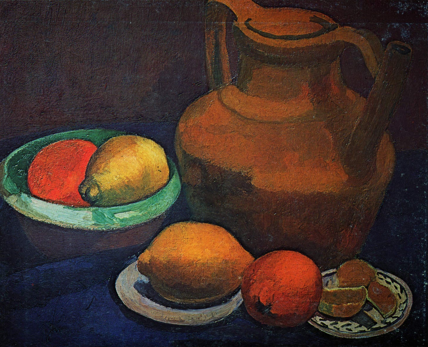 Painting of fruit in bowls next to a clay jug