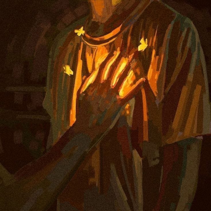 This may contain: a painting of a man holding his hands up in front of the light from behind him