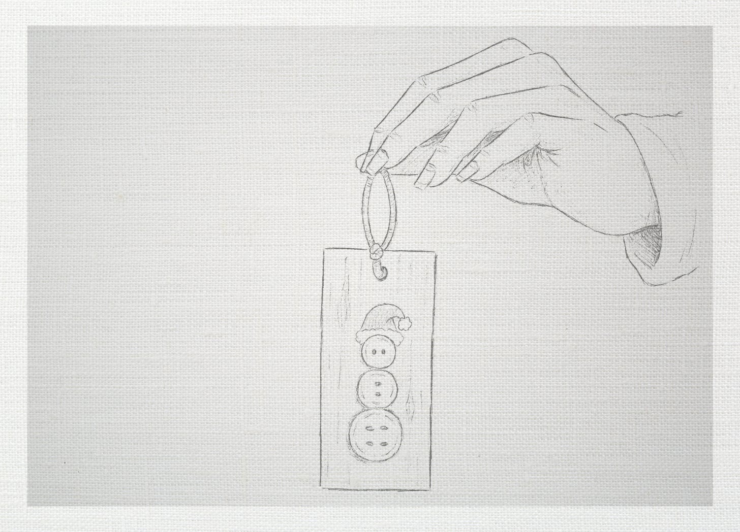 Pencil drawing of a female hand holding a homemade Christmas tree ornament consisting of three buttons lined up to look like a snowman Pencil drawing of a female hand holding a homemade Christmas tree ornament consisting of three buttons lined up to look like a snowman
