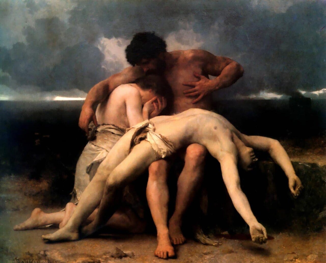 Adam and Eve cradle the dead body of their son Abel in the first human grief Adam and Eve cradle the dead body of their son Abel in the first human grief
