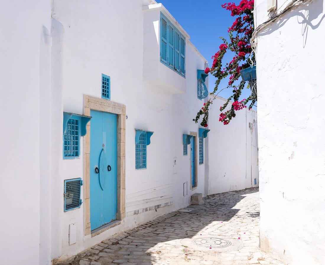 Sunlit alley in Sidi Bou Said, Tunisia, lined with whitewashed walls, turquoise doors, and windows accented by bright pink bougainvillea. The narrow cobblestone path captures the village's harmony of light, color, and scale that makes it feel both real and dreamlike. Sunlit alley in Sidi Bou Said, Tunisia, lined with whitewashed walls, turquoise doors, and windows accented by bright pink bougainvillea. The narrow cobblestone path captures the village's harmony of light, color, and scale that makes it feel both real and dreamlike.