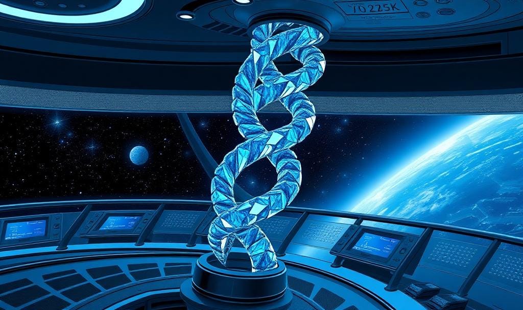 free standing quadruple helix of glittering blue gemstones half a meter tall on the bridge of a starship