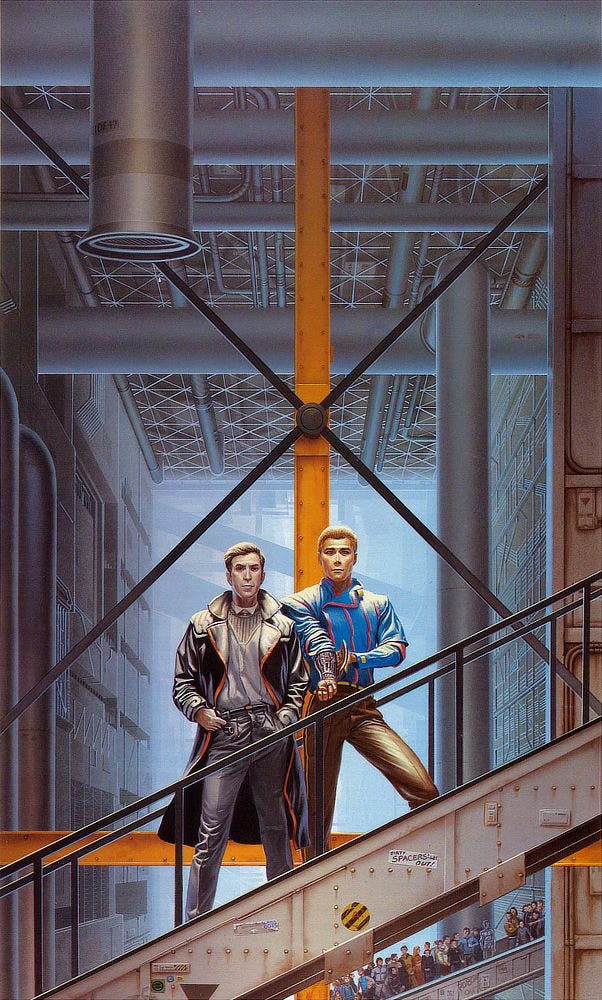 Two men stand on an escalator that ascends through a vast industrialized space. Yellow girders cross behind them and another escalator crowded with people—and a shiny silver robot the crowd shies away from—can be seen below in the background. One man poses casually in a slick overcoat with red trim. His thumb tucked is into his belt and tobacco pipe is threaded between his fingers. The other man has chiseled features and spiky hair. He wears a colorful blue jacket with his sleeve rolled up to expose his forearm. A compartment swung open exposes mechanized parts, revealing that he's a robot. Political graffiti on the metal surfaces reads "DIRTY SPACERS: GET OUT!" AND "ROBOTS OUT!" Two men stand on an escalator that ascends through a vast industrialized space. Yellow girders cross behind them and another escalator crowded with people—and a shiny silver robot the crowd shies away from—can be seen below in the background. One man poses casually in a slick overcoat with red trim. His thumb tucked is into his belt and tobacco pipe is threaded between his fingers. The other man has chiseled features and spiky hair. He wears a colorful blue jacket with his sleeve rolled up to expose his forearm. A compartment swung open exposes mechanized parts, revealing that he's a robot. Political graffiti on the metal surfaces reads "DIRTY SPACERS: GET OUT!" AND "ROBOTS OUT!"