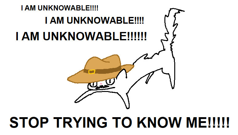 Image of a cat, clumsily drawn in Microsoft Paint, with a panicky expression, a bushy upright tail, and a brown fedora on a white background. Text above the cat reads (in all caps) I AM UNKNOWABLE!!!!! I AM UNKNOWABLE!!!! I AM UNKNOWABLE!!!!!! Text below the cat reads (all caps) STOP TRYING TO KNOW ME!!!!!