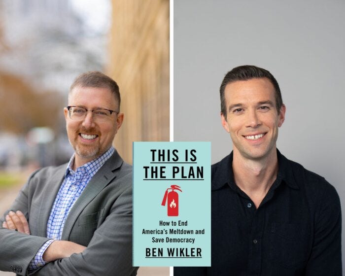 A photo collage of the program guests Ben Wikler and Jon Favreau. The light blue book cover, This is the Plan, is in the middle.
