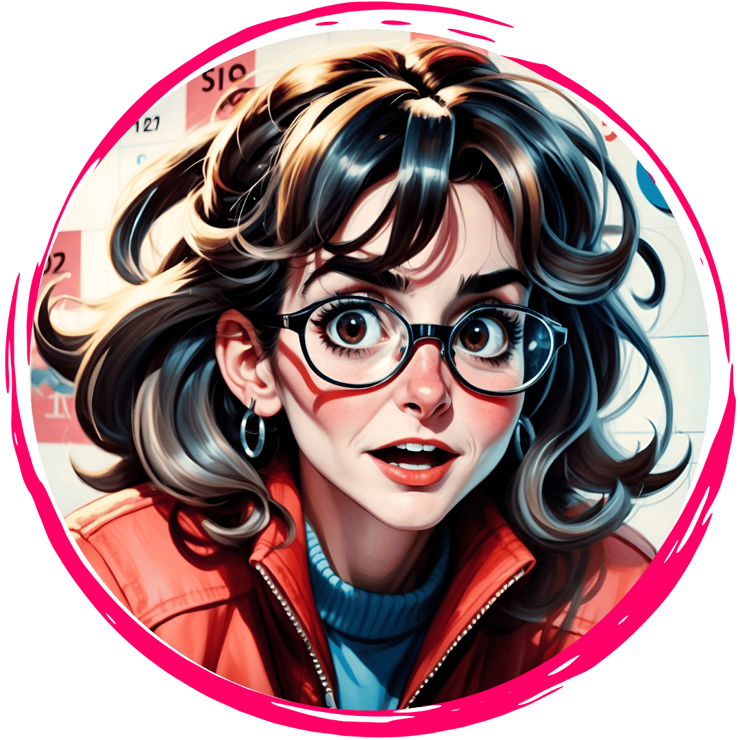 A digital illustration of a young woman with expressive wide eyes and an excited expression, wearing large round glasses. Her wavy brown hair with blonde highlights frames her face, and she has hoop earrings. She is dressed in a red jacket over a blue turtleneck sweater. The background features a calendar with colorful dates, creating a vibrant and energetic atmosphere. The artwork is enclosed in a circular frame with a bold pink border.