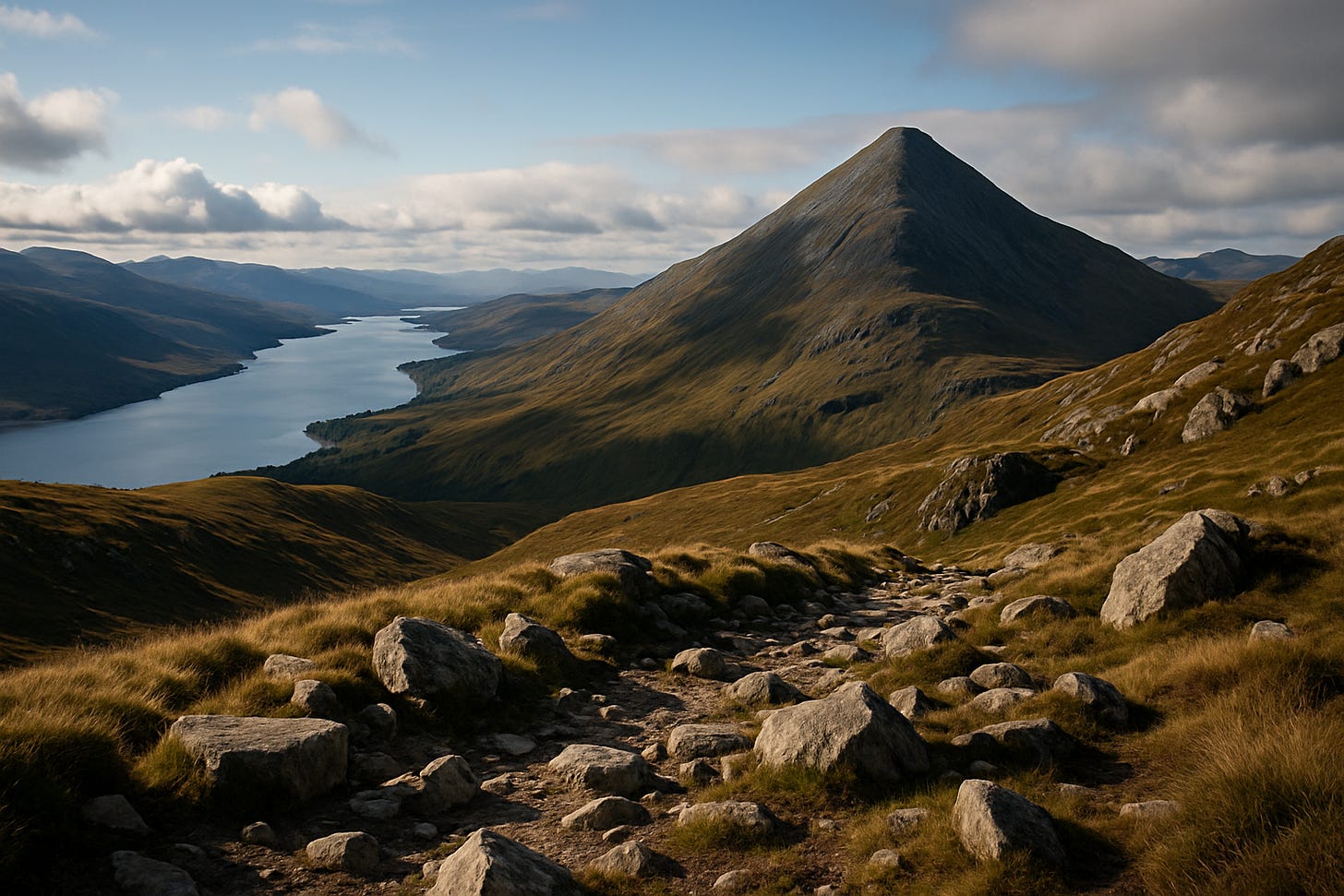 Rocky mountain path leading towards the distinctive cone-shaped summit of Schiehallion, with Loch Rannoch stretching into the distance under a sky of broken cloud. The landscape is bathed in warm, late-afternoon light, highlighting the grassy ridges and scattered boulders.