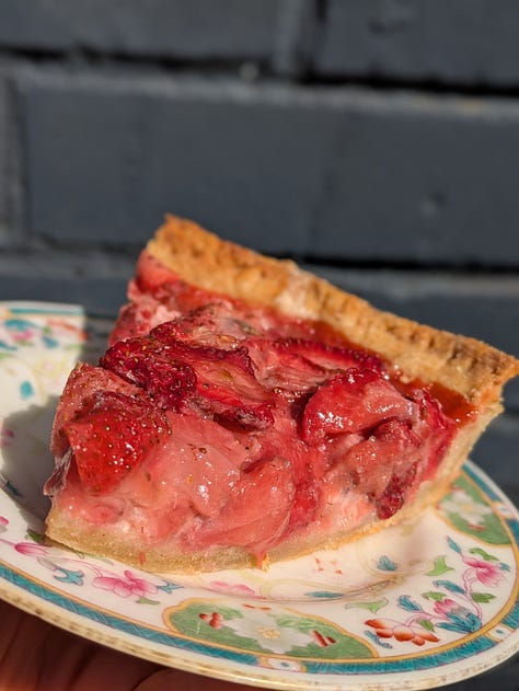 Finished slice ready to eat. Ingredients for Strawberry Balsamic Pie Filling. Finished Pie just out of the oven.