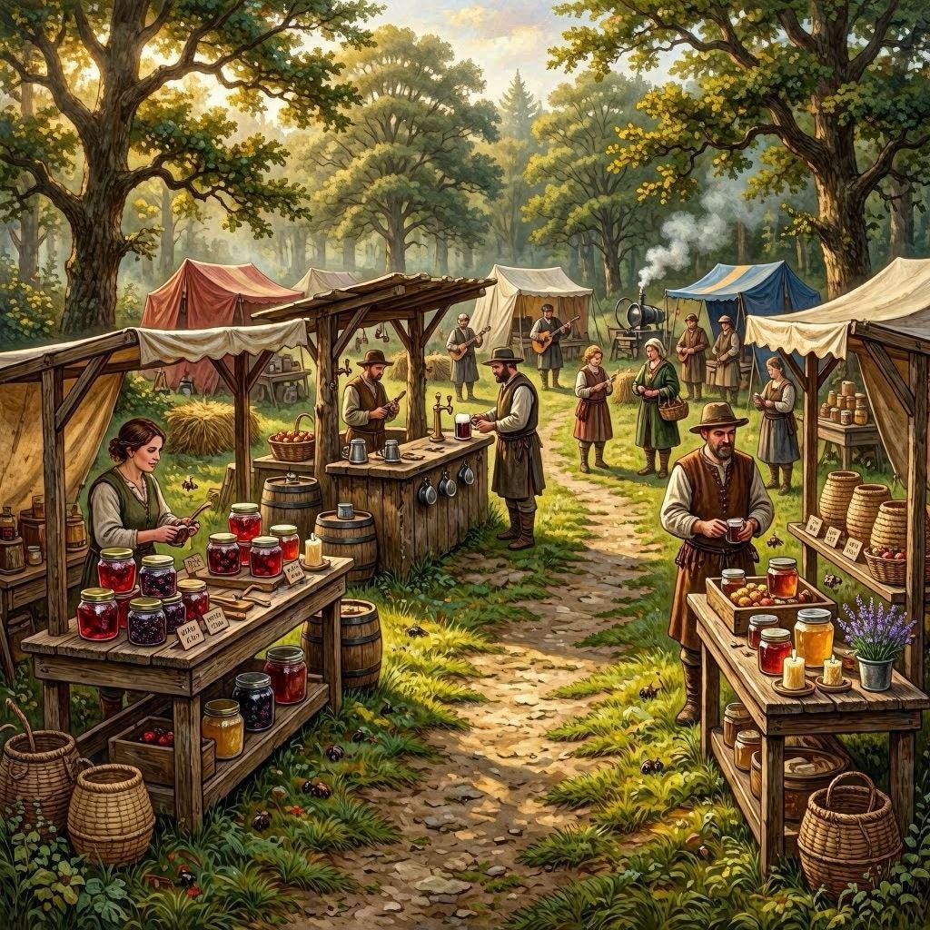 medieval fair in large clearing, farm stands, jelly sellers, honey sellers, bar serving stouts, fantasy art medieval fair in large clearing, farm stands, jelly sellers, honey sellers, bar serving stouts, fantasy art