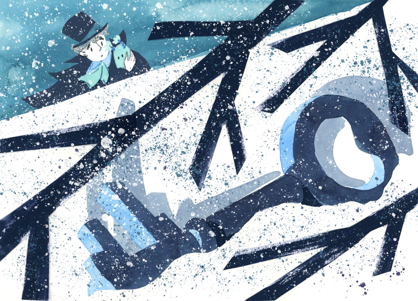 A large key in the foreground. Victorian gentleman and plant creature look at it in surprise. Snow is falling