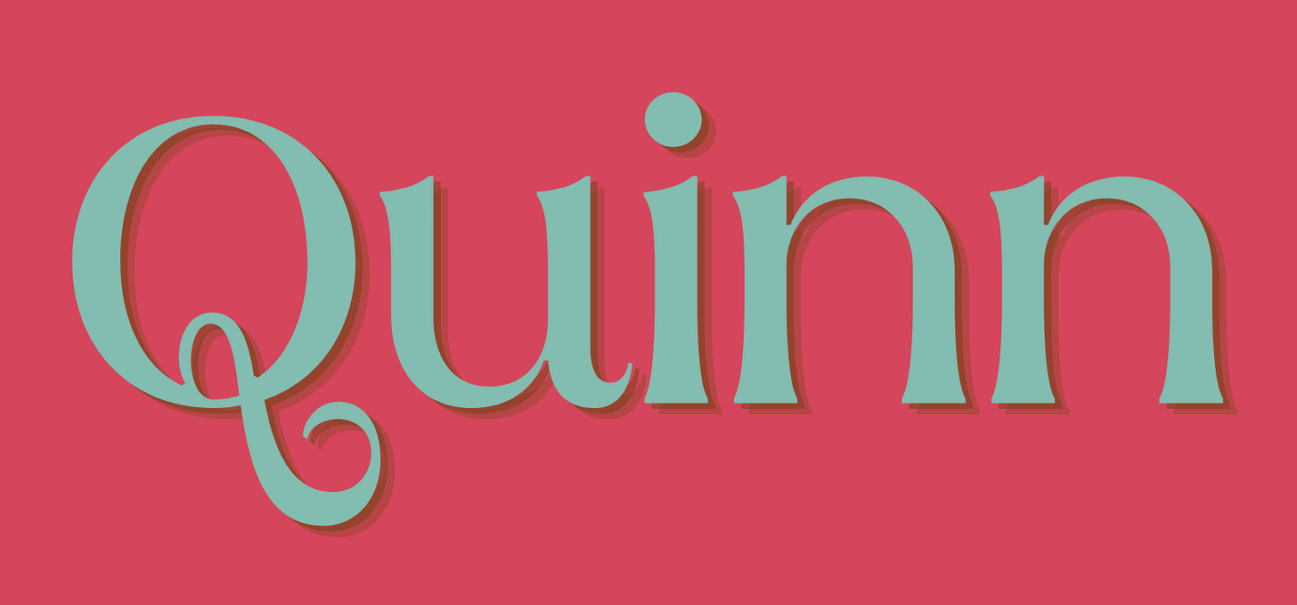 Quinn, written in blue font on a dark pink background