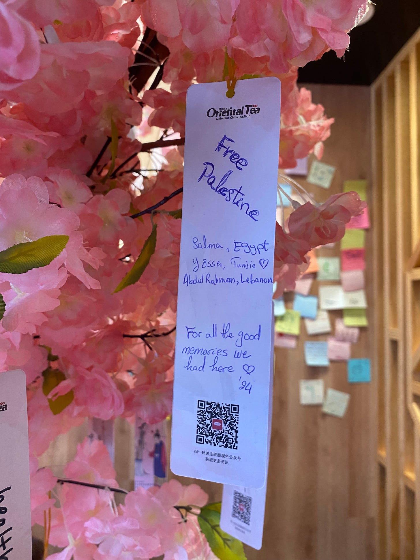 A white sign hanging from a fake pink flower tree. It reads "Free Palestine Salma, Egypt, Yessa, Tunjie, Abdul Rahman, Lebanon. For all the good memories we had here '24."