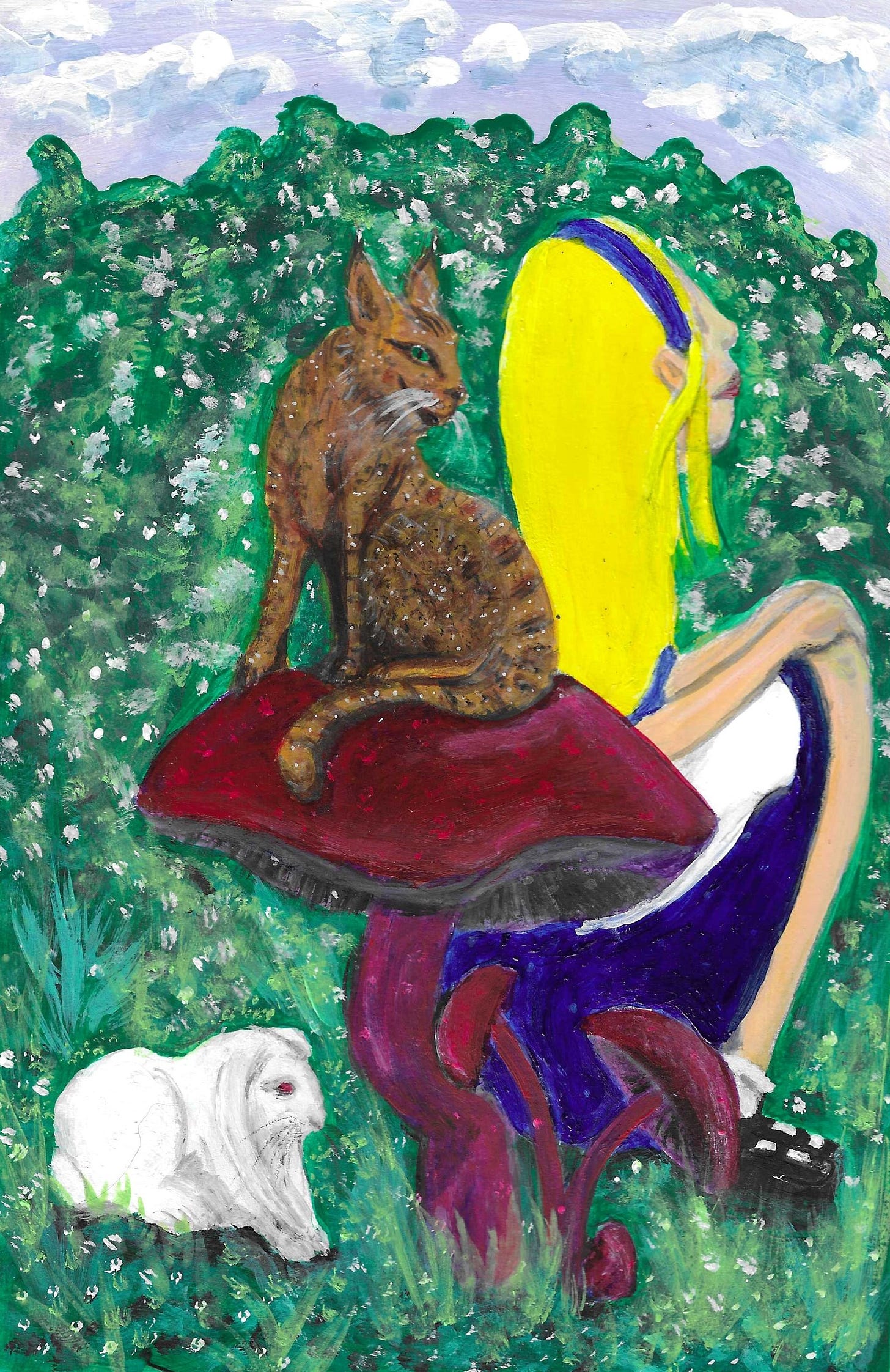 Cat sat on mushroom, with Alice resting behind and looking at the sky and a white rabbit sat in front. Cat sat on mushroom, with Alice resting behind and looking at the sky and a white rabbit sat in front.