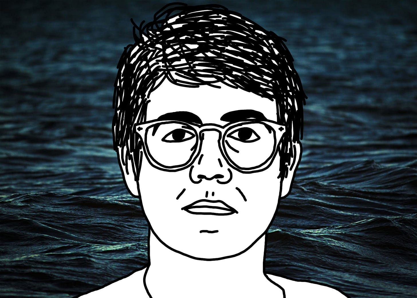 A black line drawing of Alex, the protagonist of "I Hear You Watching." He is white, short messy parted hair, glasses. He stares straight at you, unsmiling. Behind him is a dark expanse of choppy ocean water.