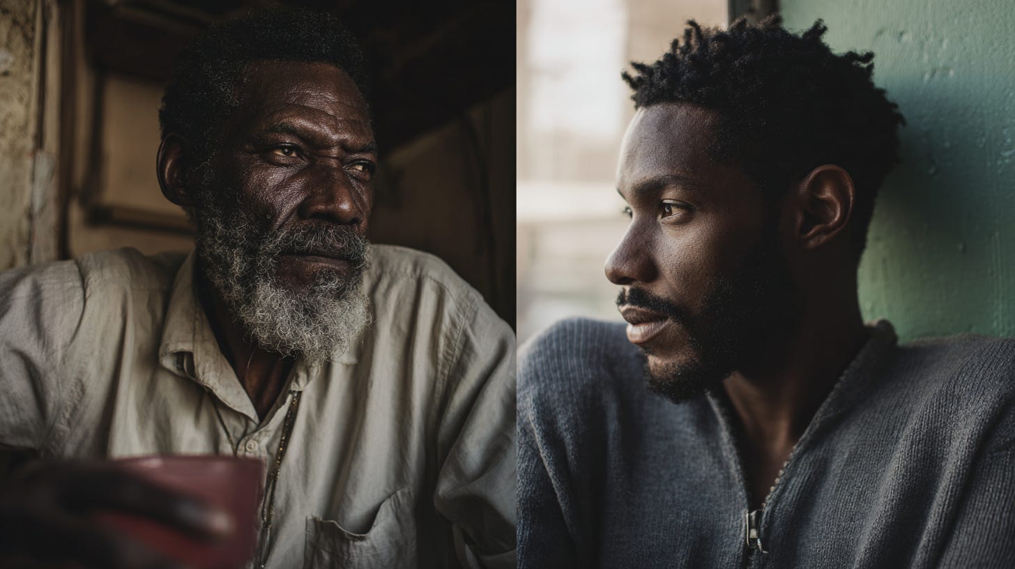 A split portrait of two Afro-Caribbean men: on the left, an older man with a greying beard and deep-set, thoughtful eyes sits in dim, warm light holding a red plastic cup; on the right, a younger man gazes out a window in soft daylight, his expression pensive and introspective. The contrast in lighting and posture highlights the emotional distance and quiet connection between father and son.