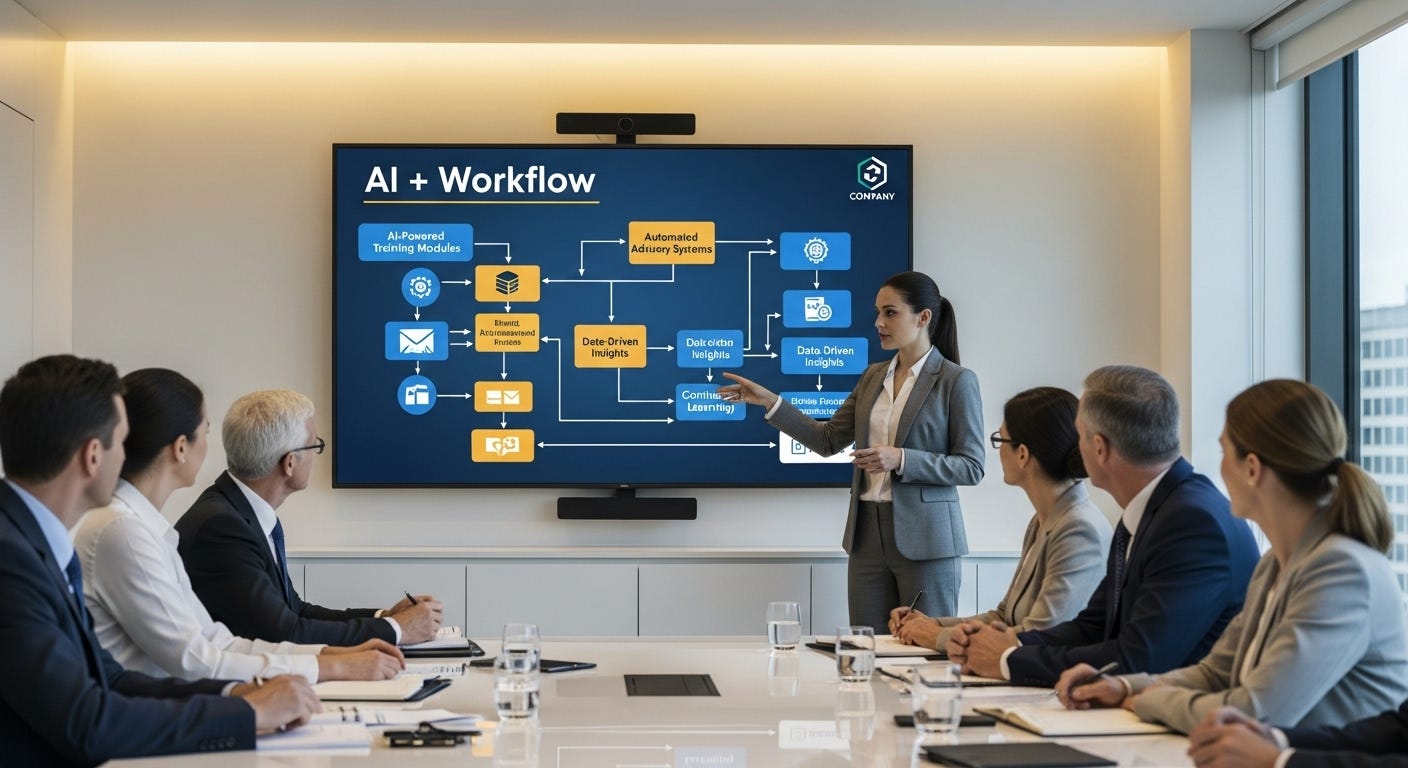 Business consultant leading an AI workshop with executives, presenting a detailed 'AI + Workflow' diagram on a large screen, explaining how to restructure corporate training and advisory systems with AI for strategic transformation.