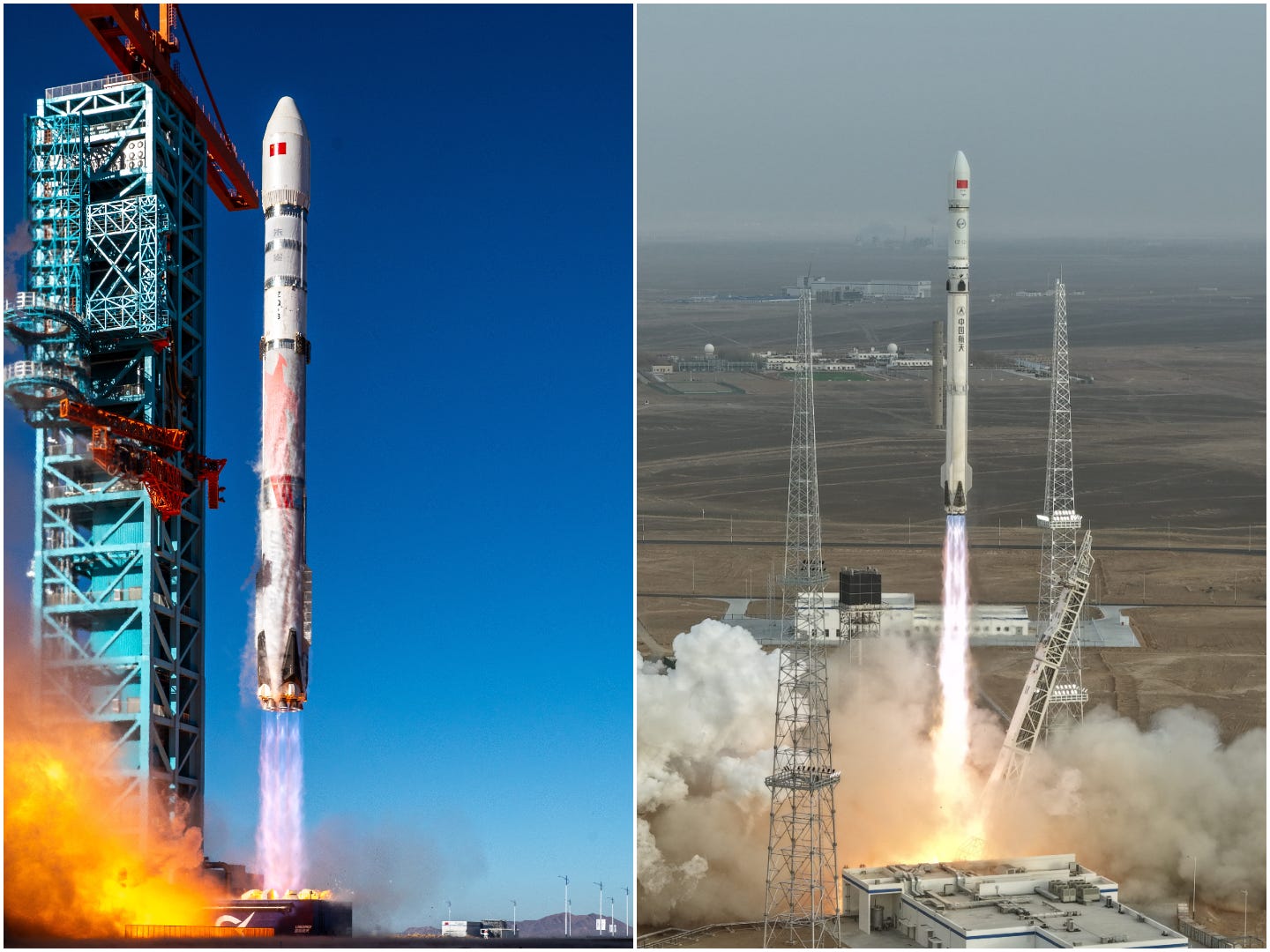 LandSpace’s Zhuque-3 Y1 vehicle (left) and the Shanghai Academy of Spaceflight Technology’s Long March 12A Y1 vehicle (right) during their debut flights from Jiuquan.