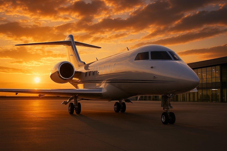 Modern business jet parked on private airport tarmac at sunset with dramatic golden hour lighting and glass terminal building