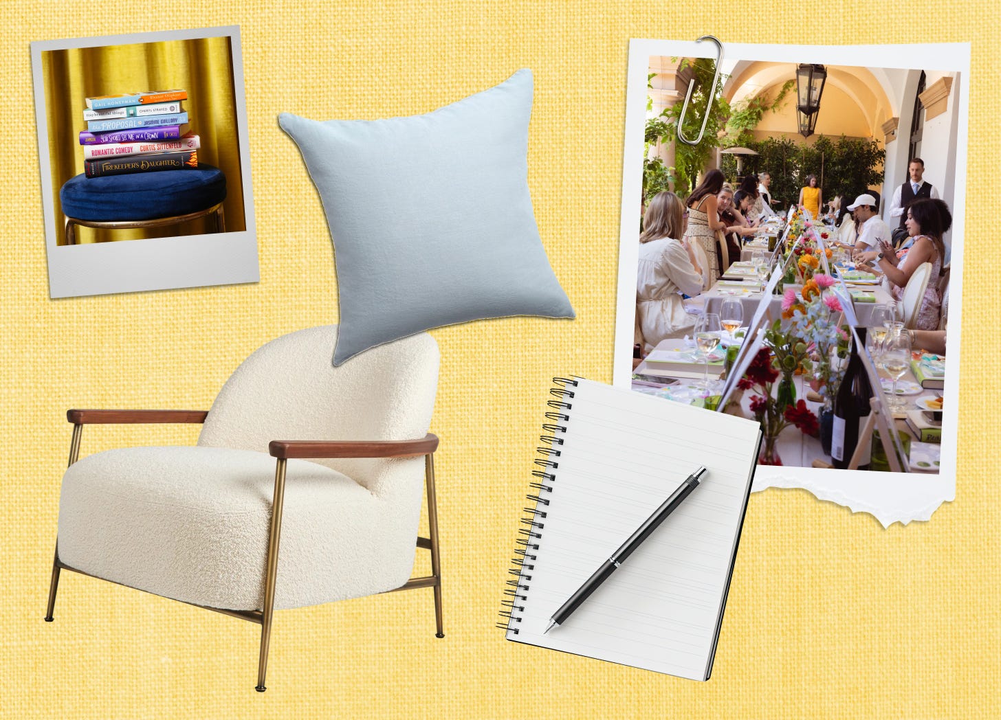 A collage-style image against a textured yellow backdrop, highlighting comfy seating and pillows, a notebook and pen, a stack of books on a stool, and a photo of people at a book club meeting.