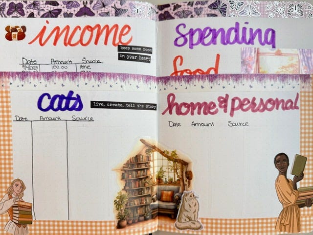 photos of journal entries. First reads september and has a fall themed collage. Pages 2 and 3 are of new moon oracle card readings I have done for myself complete with corresponding stickers like butterflies, plants, and crystals. The final page is dutch doors that has my income and expenses along with a cute autumn orange and purple theme.